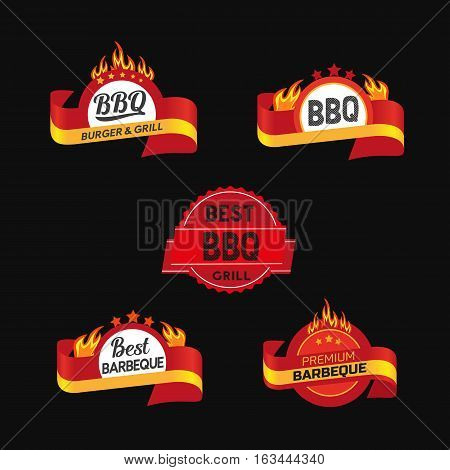 BBQ badge icon set isolated. Freehand drawn logo sign template. Burger grill sticker. Round wreath shape frame with flame stars red ribbon emblem. Vector design idea of advertisement label symbol