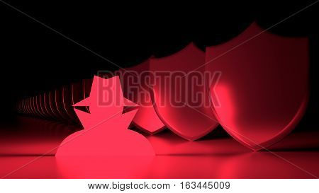 Glowing red hacker symbol next to a row of metal shields cybersecurity concept 3D illustration