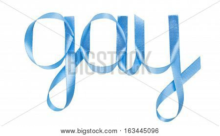 Word gay written gift ribbon blue. White background, isolated