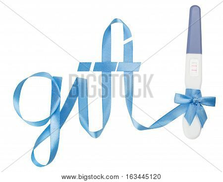 Word gift written gift ribbon blue. A positive pregnancy test. White background, isolated