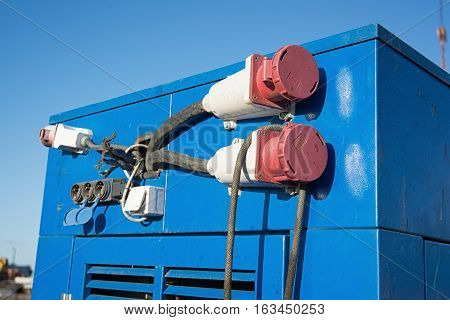 Close-up of blue auxilary mobile diesel generator