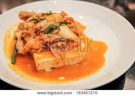 Dubu Kimchi - Tofu with Stir-fried spicy Kimchi and Pork