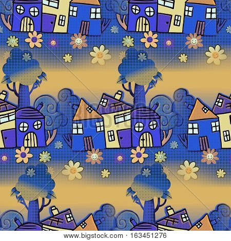 A completely seamless tile-able background design with cartoon houses.