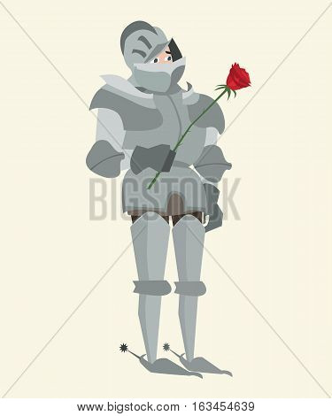 knight in armour with red rose vector funny cartoon illustration