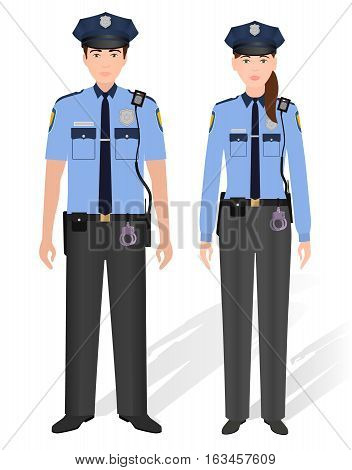 Police officers male and female isolated on white background. Man and woman constable. Flat style vector illustration.