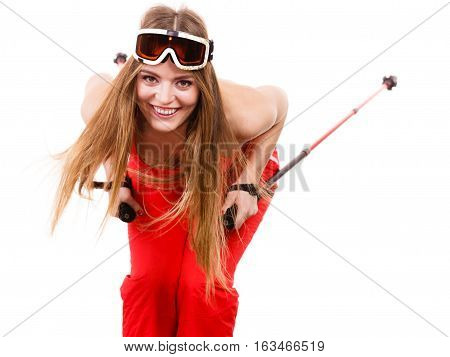 Ready To Ride Woman Wearing Ski Suit Holding Poles