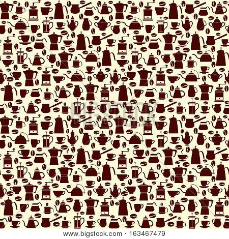 Vector background of collection icons Coffee Pots with Cups coffee mill turkish. Coffee icons seamless pattern can use for menu coffee shop or cards design.
