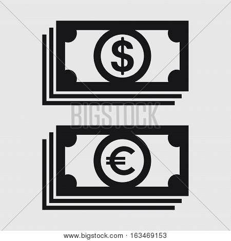 Cash icon set. Dollar and euro money symbol. Flat style. Vector isolated illustration.