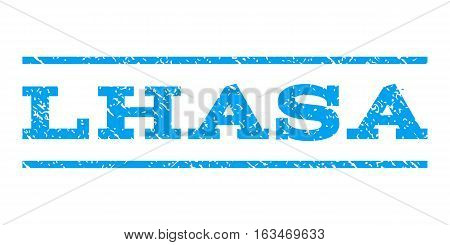 Lhasa watermark stamp. Text tag between horizontal parallel lines with grunge design style. Rubber seal stamp with dust texture. Vector blue color ink imprint on a white background.