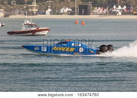 ABU DHABI UAE - NOV 24 2016: Kuwait Racing Team boat at the Powerboat Championship 2016 in Abu Dhabi United Arab Emirates