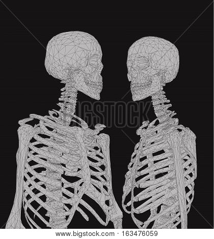 A couple of polygonal skeleton in monochrome color with wireframe edge on dark background