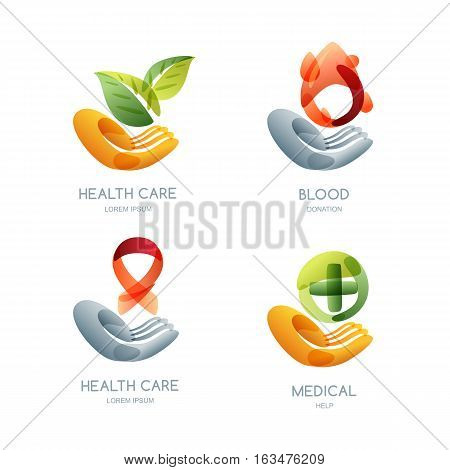 Set Of Charity And Health Vector Logo, Icon, Emblem Design. Human Hand Holding Leaves, Blood Drop.