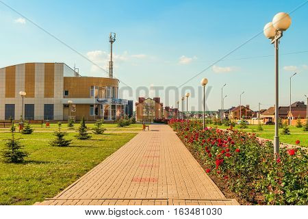 STROITEL BELGOROD REGION RUSSIA - JULE 02 2016: District center in the Belgorod region. Russian province. Typical landscaping Russian village and small towns. Housing estate and an indoor pool 