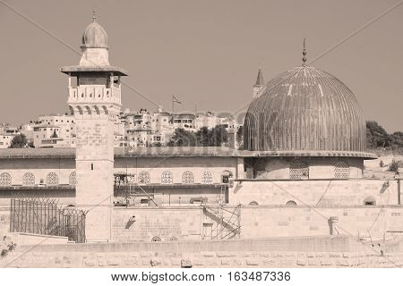 JERUSALEM ISRAEL 26 10 16: Jerusalem wall and Al-Aqsa Mosque, also known as Al-Aqsa and Bayt al-Muqaddas, is the third holiest site in Sunni Islam and is located in the Old City of Jerusalem.