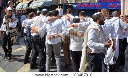 JERUSALEM ISRAEL 26 10 16: Jewish man celebrate Simchat Torah. Simchat Torah is a celebratory Jewish holiday marks the completion of the annual Torah reading cycle