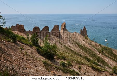 Chimney Bluffs State Park on Lake Ontario near Great Sodus Bay, New York State, USA.