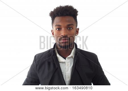 black jacket young man around twenty studio shot white background