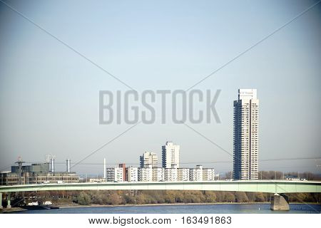 High-rise buildings and office buildings behind the Deutz Bridge in Cologne.