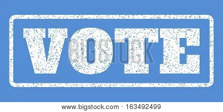 White rubber seal stamp with Vote text. Vector message inside rounded rectangular frame. Grunge design and scratched texture for watermark labels. Horisontal emblem on a blue background.