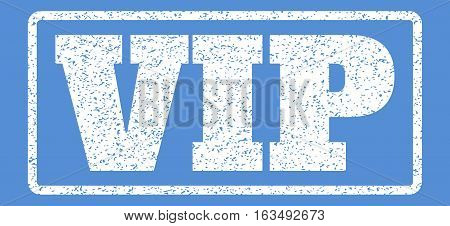 White rubber seal stamp with Vip text. Vector caption inside rounded rectangular shape. Grunge design and scratched texture for watermark labels. Horisontal emblem on a blue background.
