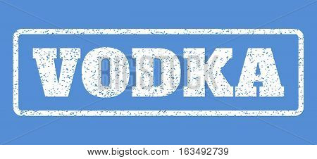 White rubber seal stamp with Vodka text. Vector message inside rounded rectangular banner. Grunge design and dust texture for watermark labels. Horisontal sticker on a blue background.