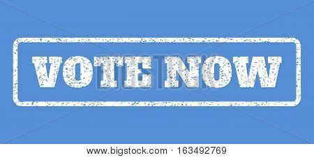 White rubber seal stamp with Vote Now text. Vector caption inside rounded rectangular banner. Grunge design and scratched texture for watermark labels. Horisontal sign on a blue background.