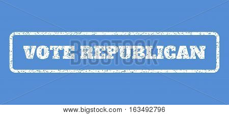 White rubber seal stamp with Vote Republican text. Vector tag inside rounded rectangular frame. Grunge design and dirty texture for watermark labels. Horisontal emblem on a blue background.