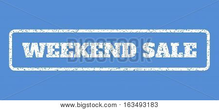White rubber seal stamp with Weekend Sale text. Vector caption inside rounded rectangular banner. Grunge design and scratched texture for watermark labels. Horisontal emblem on a blue background.