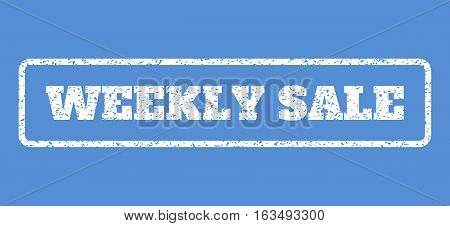 White rubber seal stamp with Weekly Sale text. Vector tag inside rounded rectangular banner. Grunge design and dirty texture for watermark labels. Horisontal sticker on a blue background.