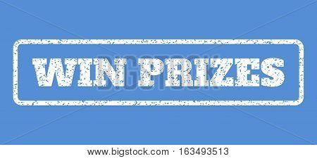 White rubber seal stamp with Win Prizes text. Vector tag inside rounded rectangular banner. Grunge design and dust texture for watermark labels. Horisontal emblem on a blue background.