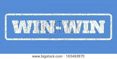 White rubber seal stamp with Win-Win text. Vector message inside rounded rectangular shape. Grunge design and dirty texture for watermark labels. Horisontal emblem on a blue background.