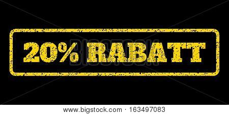 Yellow rubber seal stamp with 20 Percent Rabatt text. Vector tag inside rounded rectangular frame. Grunge design and dust texture for watermark labels. Horisontal emblem on a blue background.
