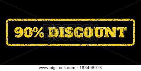 Yellow rubber seal stamp with 90 Percent Discount text. Vector message inside rounded rectangular banner. Grunge design and dust texture for watermark labels. Horisontal sticker on a blue background.