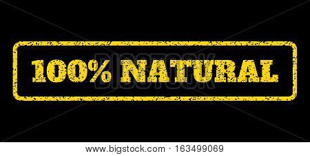 Yellow rubber seal stamp with 100 Percent Natural text. Vector caption inside rounded rectangular shape. Grunge design and dirty texture for watermark labels. Horisontal sign on a blue background.