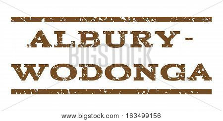 Albury-Wodonga watermark stamp. Text tag between horizontal parallel lines with grunge design style. Rubber seal stamp with dirty texture. Vector brown color ink imprint on a white background.