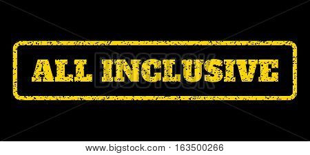 Yellow rubber seal stamp with All Inclusive text. Vector caption inside rounded rectangular frame. Grunge design and dust texture for watermark labels. Horisontal sticker on a blue background.
