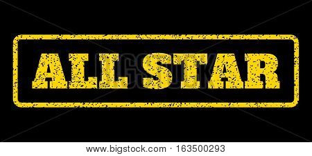 Yellow rubber seal stamp with All Star text. Vector caption inside rounded rectangular banner. Grunge design and dirty texture for watermark labels. Horisontal sign on a blue background.
