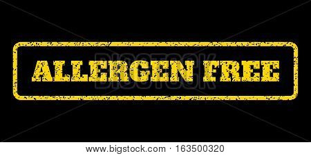 Yellow rubber seal stamp with Allergen Free text. Vector tag inside rounded rectangular frame. Grunge design and unclean texture for watermark labels. Horisontal emblem on a blue background.