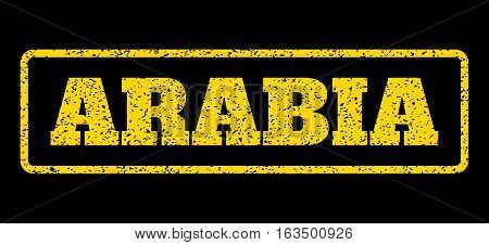 Yellow rubber seal stamp with Arabia text. Vector message inside rounded rectangular banner. Grunge design and dirty texture for watermark labels. Horisontal sign on a blue background.