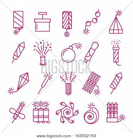 Vector pyrotechnic icons set. Celebration festival dynamite fireworks with sparks and explosions signs. Petard and rocket linear style illustration