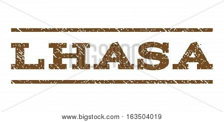 Lhasa watermark stamp. Text tag between horizontal parallel lines with grunge design style. Rubber seal stamp with dust texture. Vector brown color ink imprint on a white background.