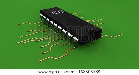 3d Illustration of computer microchip isolated green background