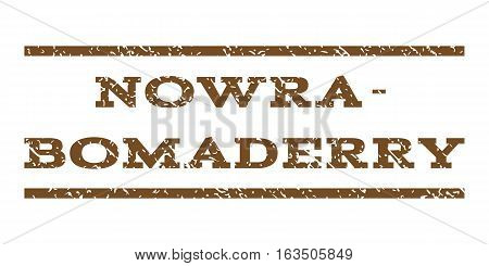Nowra-Bomaderry watermark stamp. Text caption between horizontal parallel lines with grunge design style. Rubber seal stamp with scratched texture.