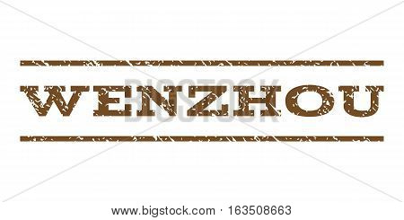 Wenzhou watermark stamp. Text tag between horizontal parallel lines with grunge design style. Rubber seal stamp with dust texture. Vector brown color ink imprint on a white background.