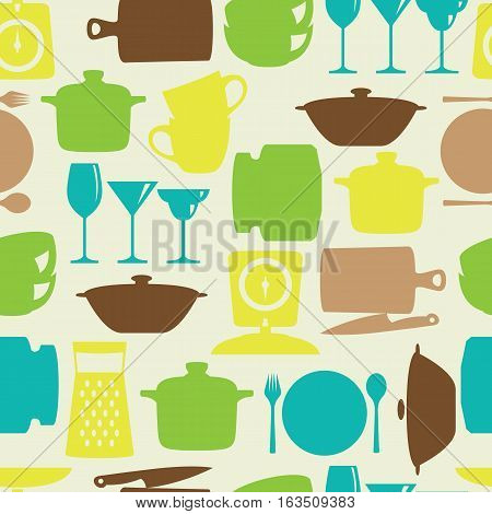 Kitchenware flat design silhouette vector seamless pattern