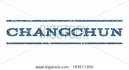 Changchun watermark stamp. Text caption between horizontal parallel lines with grunge design style. Rubber seal stamp with dust texture. Vector cobalt color ink imprint on a white background.