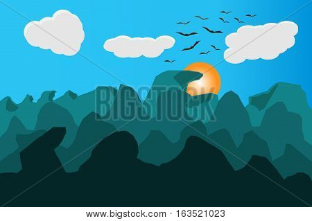mountains sun birds landscape. Vector illustration and EPS10. with copy space for add text