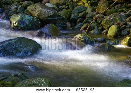 River side with rocky background. Clear water