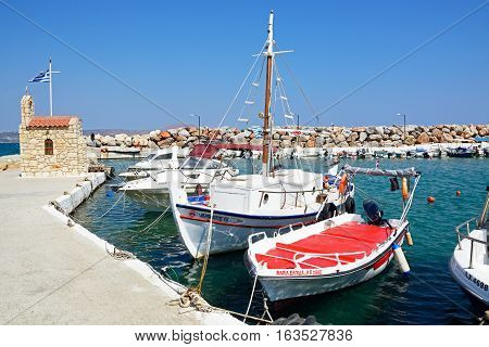 KALYVES, CRETE - SEPTEMBER 16, 2016 - Boats moored in the harbour Kalyves Crete Greece Europe, September 16, 2016.