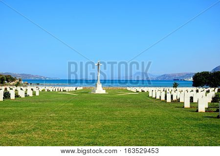 View of the Souda Bay Allied War Cemetery with the Aegean sea to the rear Souda Bay Crete Greece Europe.